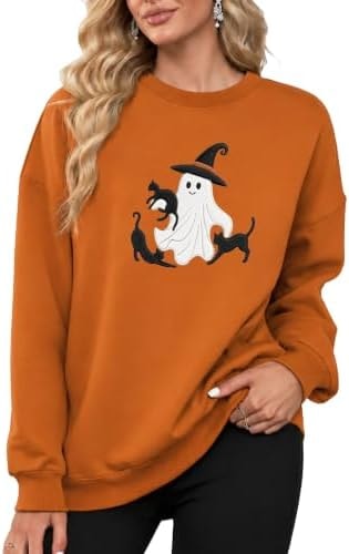 XLIEVO Halloween Sweatshirts for Women:Cute Ghost Cat Embroidered Shirt
