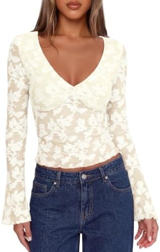 PINKMSTYLE Long Sleeve Shirts for Women Mesh Sheer Tops Beige Medium