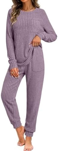 Womens Ribbed Lounge Sets 2 Piece Outfits Knit Sweater Sets Purple S