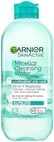 Garnier Micellar Water with Hyaluronic Acid, Facial Cleanser & Makeup Remover, Hydrating and Plumping, For All Skin Types, Vegan, Cruelty Free, 13.5 Fl Oz (400mL), 1 Count
