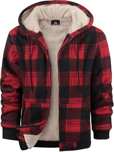 ZITY Heavy Thick Hoodies for Men Plaid Flannel Warm Sherpa Fleece Lined Winter Full Zip Up Coat Red Medium