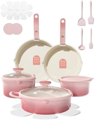 CAROTE 20Pcs Titanium Cookware Set, Pots and Pans Set Non Stick, Kitchen Cooking Set with Detachable Handle, Non Toxic Induction Cookware, Dishwasher/Oven Safe Pink