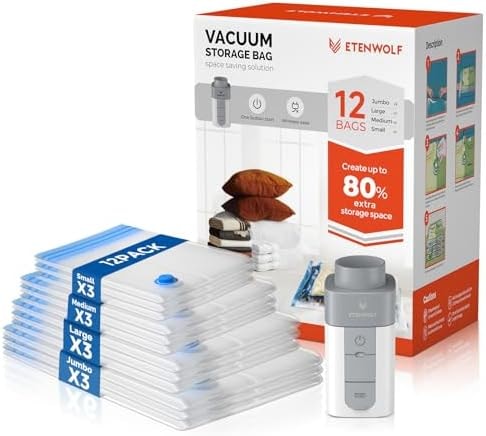 ETENWOLF 12 Combo Vacuum Storage Bags for Travel with Wireless Pump