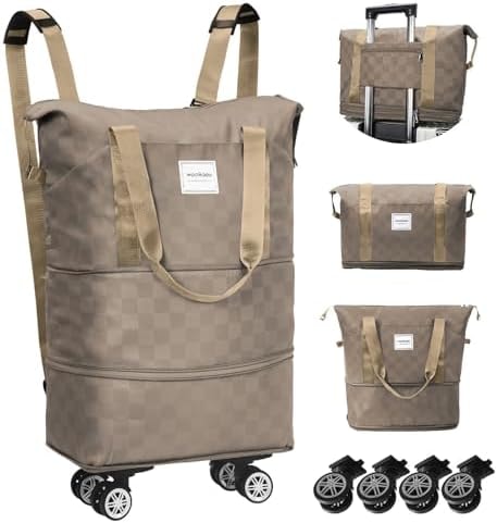 WOOMADA Expandable Foldable Rolling Duffel Bag with Wheels, Detachable Rolling Backpack Weekend Bag for Travel, Business, Camping, Gift for Parents, Spouse(khaki checkerboard)
