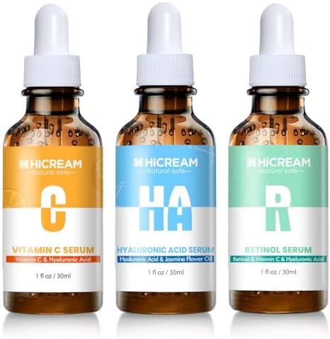 Hicream Face Serum Set - Vitamin C Serum, Hyaluronic Acid & Retinol with Hydrating, Brightening & Firming Skin, Anti-aging Skin Care Set for Women, Targets Fine Lines & Dark Spots, 1 Fl Oz (Pack of 3)