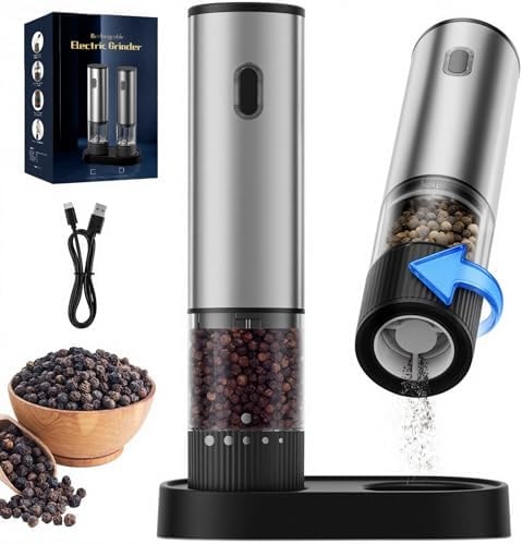 Electric Salt and Pepper Grinder Set, USB Rechargeable Salt and Pepper Shaker with LED Light, Stainless Steel Adjustable Automatic Pepper Mill for Kitchen, Dining