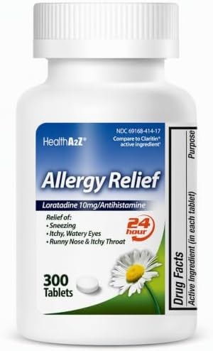 HealthA2Z® Loratadine 10mg 24-Hour Allergy Relief, Dye Free, 300 Count