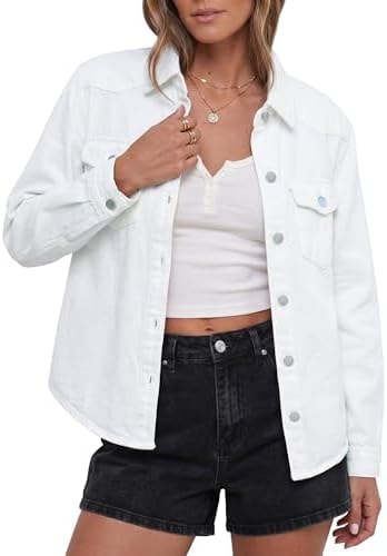 luvamia Denim Jackets for Women Trendy Long Sleeve Distressed Jean Button Down Cream White Jacket Womens Fall Jacket Shirt Shacket Cream White Size Medium US 8 to 10
