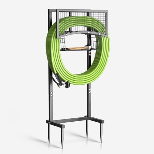 MLICAWU Garden Hose Holder Freestanding with Storage Basket, Holds Up to 165FT Hose, Heavy Duty Metal Water Hose Holder with 4 Anchor Spikes, for Yard, Lawn & Patio