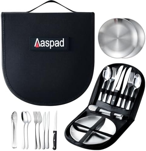 Aaspad Full Size Stainless Steel Dish & Utensil Set Portable Picnic Mess Kit RV Camping Flatware Plate & Silverware Cutlery Dinnerware Packed 2 Fork,Spoon,Serrated Knife,Food Clip Outdoor Gift for Men