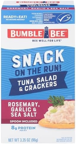 Bumble Bee Snack On The Run! Protein Snack Pack - 8g Protein per Box - Rosemary, Garlic, Sea Salt Tuna Salad with Crackers Kit - Ready to Eat Easy-Open Can - Wild Caught MSC-Certified Tuna (Pack of 1)