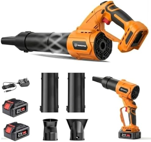 KINGPKE Leaf Blower Cordless, Handheld Electric Blower with Two-Angle Rotatable Design, 21V Battery Powered with 2×3000mAh Batteries and Charger for Lawn Care, Yard, Patio and Garage