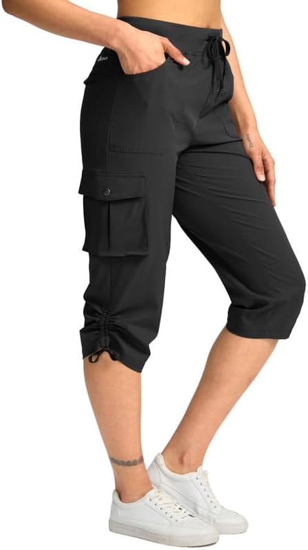 Pudolla Women's Cargo Capri Pants Lightweight Quick Dry Hiking Pants Summer Travel Casual Capris with 5 Pockets (Black Large)