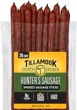Tillamook Country Smoker Hunter’s Sausage Smoked Sausage, 16 Oz, 36 Ct, Bulk Pack, Real Hardwood Smoked Beef Meat Sticks, 8g Protein, 0g Sugar & 0g Carbs, Gluten Free Keto Snacks