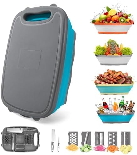 Gintan Collapsible Camping Cutting Board, 9-in-1 Chopping Board with Colander, Kitchen Vegetable Washing Basket for Camping, Camping Gifts Camping Accessories for RV Campers (Blue+Grey)