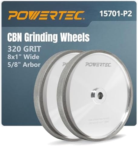 POWERTEC CBN Grinding Wheel 8 Inch 320 Grit, Bench Grinder Wheel for Sharpening HSS Tools, Lathe Tools & Chisel Set, 8" x 1" Wide, 5/8" Arbor Bench Grinder Wheels for Bench Grinder, 2 PK (15701-P2)