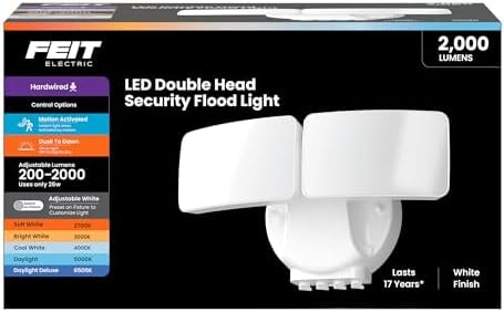 Feit Electric LED Motion Sensor Flood Light, 2000 Lumens Dual-Head Security Light, 5CCT (2700K–6500K), Dusk to Dawn Outdoor Light, Adjustable Brightness, Weatherproof Wall/Eave Mount, S9DFL/5CCT/MM/WH