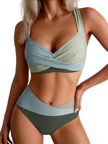 B2prity Bikini Sets for Women Two Piece Swimsuit Mid Rise Color Block Bathing Suit Tie Back Swimwear