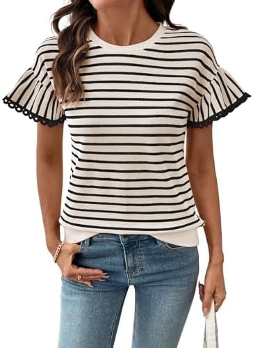 SHEWIN Women Striped Tops Short Sleeve Shirts Summer Blouse White Size 2XL
