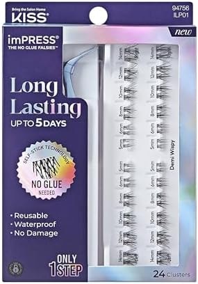 Kiss Impress Falsies Long Lasting Self Adhesive Eyelashes, ‘Demi Wispy’, 5 Day Extended Wear, 24 Light Volume Lash Clusters (5,6,8,10,12, & 14mm), Precision Non-Stick Applicator
