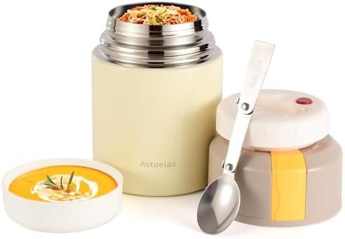 Astoeias Insulated Thermo Soup Jar for Kids & Adults, 27 oz Stainless Steel Thermal Food Container with Spoon, Triple Layer Insulation (Gray)