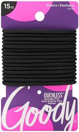 Goody Ouchless Hair Elastics – No Pull, No Breakage, Tangle-Free Hold for Thick, Curly, Coily & Textured Hair – 15 Count, Black, Long-Lasting Ponytail Holders for Women & Men