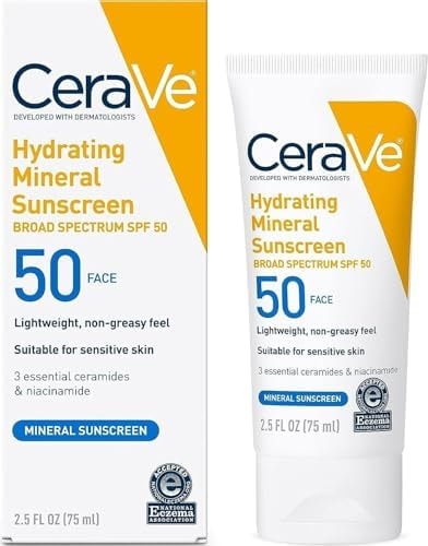 CeraVe Hydrating Mineral Sunscreen SPF 50 Face Sunscreen, Travel Size 2.5oz