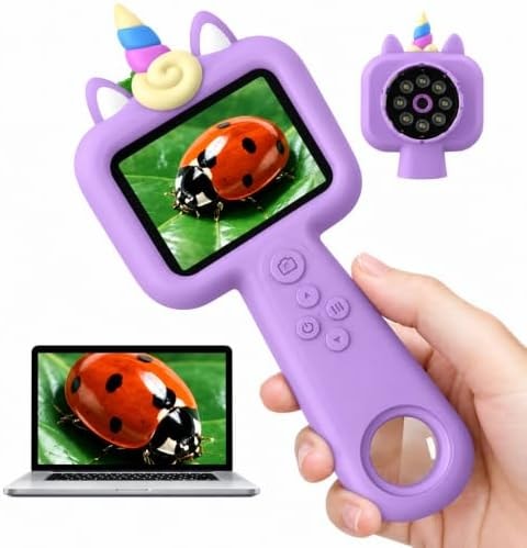 Kids Microscope, 2.4" Screen Handheld Digital Microscope 600X with 4K Camera & 8 LED Lights, Portable Pocket Microscope for Bugs Plants Nature Exploration, STEM Science Toy Gift Ages 3-12（Purple）