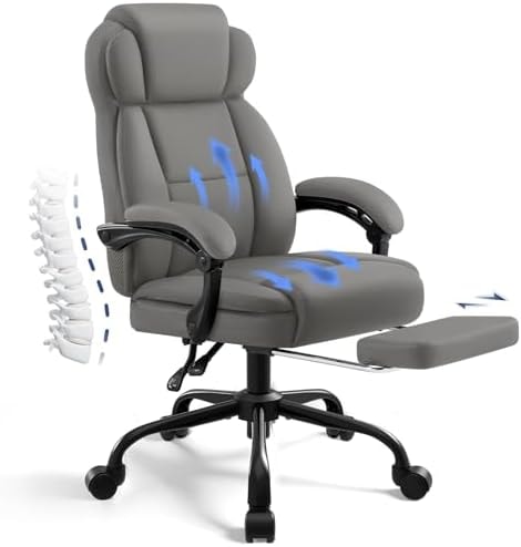 AreShark Ergonomic Office Chair with Footrest,PU Leather Executive Desk Chair Padded Linkage Armrests,Lumbar Support,Swivel Computer Chair for Home Office & Gaming,Gray