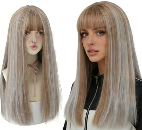 HUAISU 22 Inches Long Straight Hair Wig with Bangs Synthetic High Density Wig for Women (White Brown)