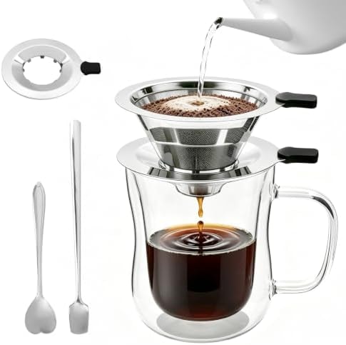 NANSPATH Pour Over Coffee Maker with glass Cup, 2-in-1 Immersion & drip coffee maker, Stainless Steel reusable coffee filter, Fits 3.3–4 Inch Cups, manual coffee brewer for Home Office Travel