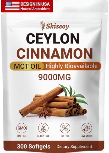 Skiseoy Ceylon Cinnamon with MCT Oil, True Sri Lanka Ceylon Cinnamon Highly Bioavailable Herbal Extract, Energy & Glucose Metabolism Support, Cardiovascular Wellness, Antioxidant Boost, 300 Softgels
