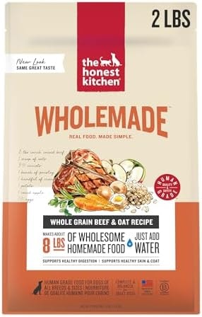 The Honest Kitchen Wholemade Whole Grain Beef Recipe, Human Grade Dehydrated Dog Food, Just Add Water, Supports Healthy Digestion, Skin & Coat, Topper for Dry or Wet Dog Food, 2 lb Box Makes 8 lbs