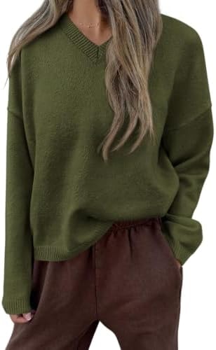 PRETTYGARDEN Women's Cozy Sweaters Fall Fashion V Neck Tops Army Green,S