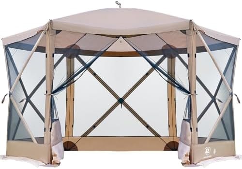 EVER ADVANCED Pop Up Gazebo Screen House Tent for Camping 11.5 ft for 8-10 Person Instant Canopy Shelter with Netting Portable for Outdoor, Backyard, Khaki