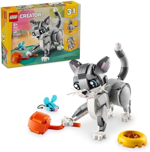 LEGO Creator 3 in 1 Playful Cat Toy - Building Toy with 3 Building Options, Cat, Dog, or Pigeon - Birthday Gift for Kids - Animal Figures for Kids, Girls and Boys, Ages 8+ - 31163