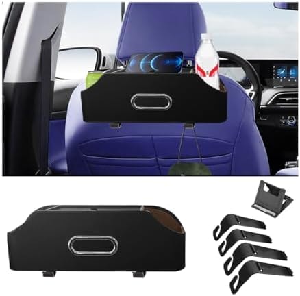 AUCELI Car Seat Back Organizer with Cup Holder and Tissue Box, Headrest Hanging Storage Box with Hooks and Phone Holder, Multi-Function Travel Tray for Kids, Road Trip Car Accessories