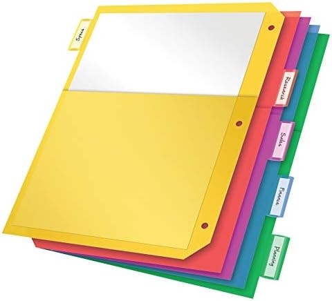 Oxford Plastic 2 Pocket Binder Dividers, 5 Tab 1/5 Cut, Multicolor Large Tab Set, Insertable Dividers with Paper Inserts, Letter Size, 3 Sets (89602)