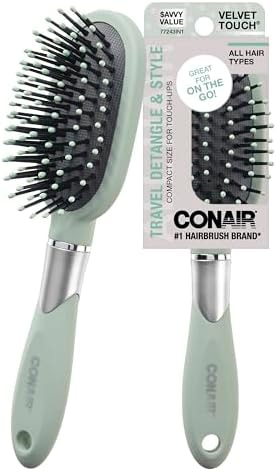 Conair Velvet Touch oval cushion hair brush - Travel Hairbrush- Detangling - ideal for curly or straight styles - detangler brushes - women or men - Sage Green