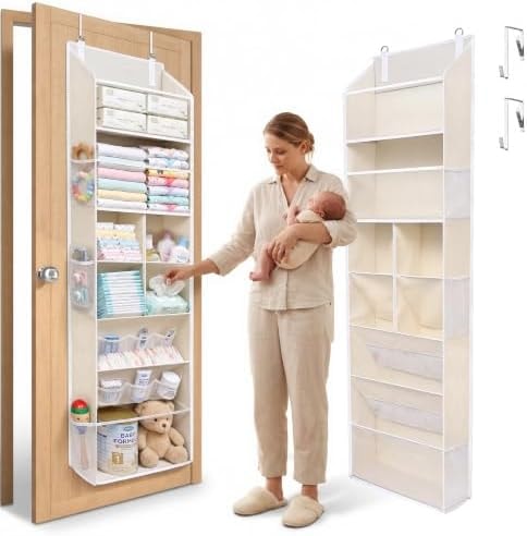 Ordovibe 6-in-1 Over Door Hanging Organizer with 12 Mesh Pockets, 44 lbs Capacity, Warm Beige – Versatile Behind Door Storage for Baby Nursery, Newborn Essentials, Bedroom, Bathroom & Dorm