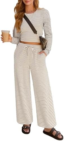 Lazysmile Lounge Sets For Women Casual Striped 2 Piece Outfits Long Sleeve Tops and Wide Leg Pants Loungewear Pajama Set
