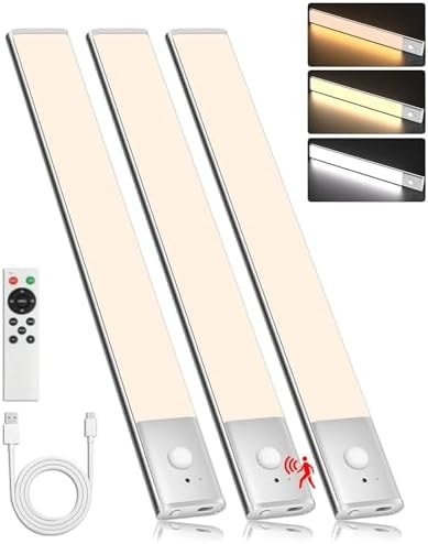 LAJOSO Under Cabinet Lighting Wireless Motion Sensor Light Indoor, 12" Rechargeable Kitchen Bar Lights, 300LM Ultra-Bright Cabinet Lights with Remote, 2500mAH, USB-C, 3 Colors, 3 Pack​s