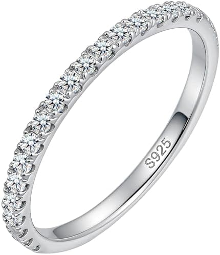 WES 1.5mm Moissanite Wedding Band - 925 Sterling Silver Half Eternity Round Stackable Moissanite Engagement Rings Anniversary Wedding Rings for Women, Size 7