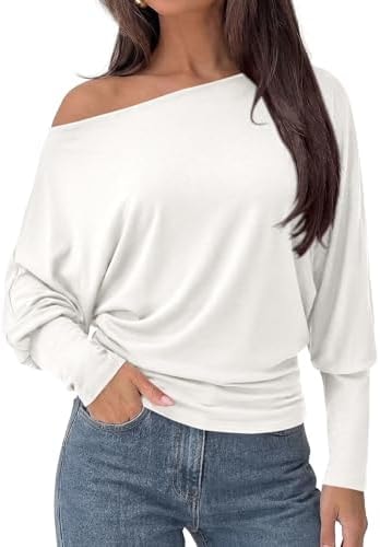 PRETTYGARDEN Womens Off The Shoulder Batwing Long Sleeve Top,White,M