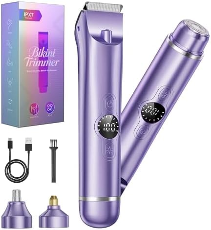 4 in 1 Bikini Trimmer for Women, Electric Razors for Women - Dual Head, Wet & Dry Use Pubic Body Hair Trimmer Electric Shavers, Womens Facial Razors for Legs, Armpits, Bikini Area，Purple