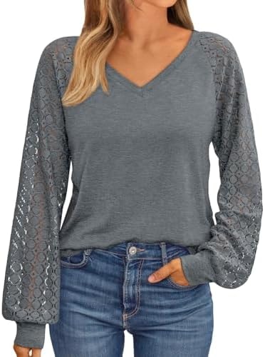 AUTOMET Womens Long Sleeve Shirts V-Neck Business Casual Tops Grey XL