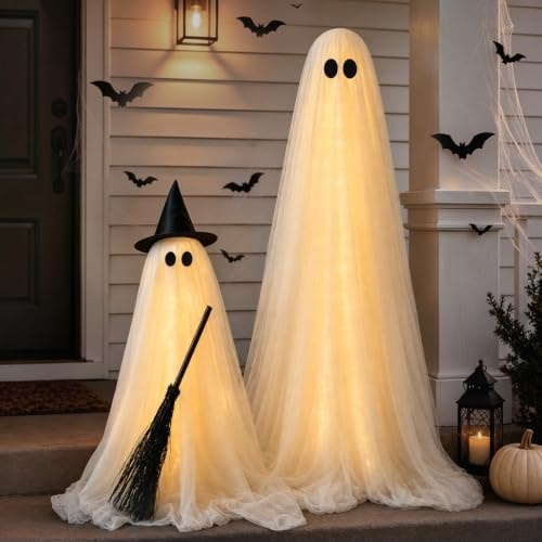 Halloween Decorations Outdoor, 2 Packs Light-Up Spooky Ghost Witch Broom