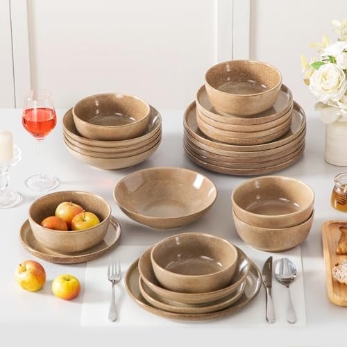 vancasso ANYA 24 Pieces Plates and Bowls Set, Caramel Dinnerware Sets, Reactive Glaze Dishes Set for 6, Ceramic Dishware Sets Kitchen Dinner Set, Microwave & Dishwasher Safe