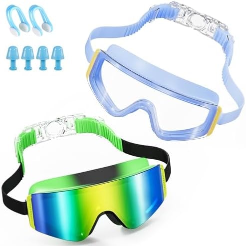 Aegend Kids Swim Goggles 2 Pack – Large Frame Anti Fog Soft Silicone Leak Proof UV Protection for Boys Girls Age 3-15 (Black/Emerald Green/Iridescent Gold Plated + Blue/Clear)