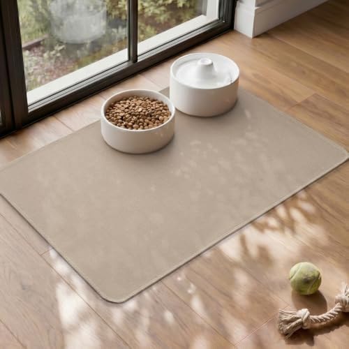 MontVoo Pet Feeding Mat, Absorbent Dog Food Mat, Quick Dry Pet Bowl Mat with Non-Slip PU Backing, Keep Floor Clean from Water&Food Spills, Machine Washable Cat Food Placemat, 14"x20", Beige